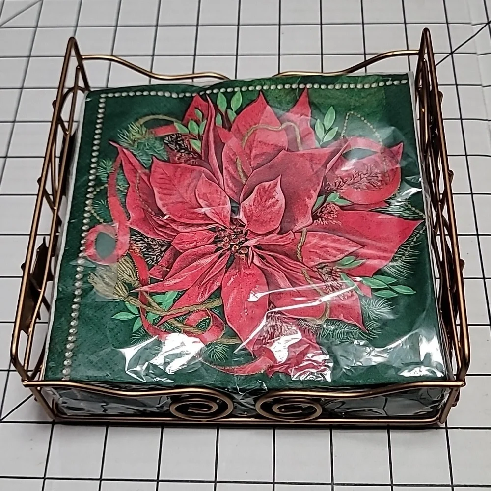 Luncheon Napkins and‎ Holder, Holiday Poinsettia  NWOT